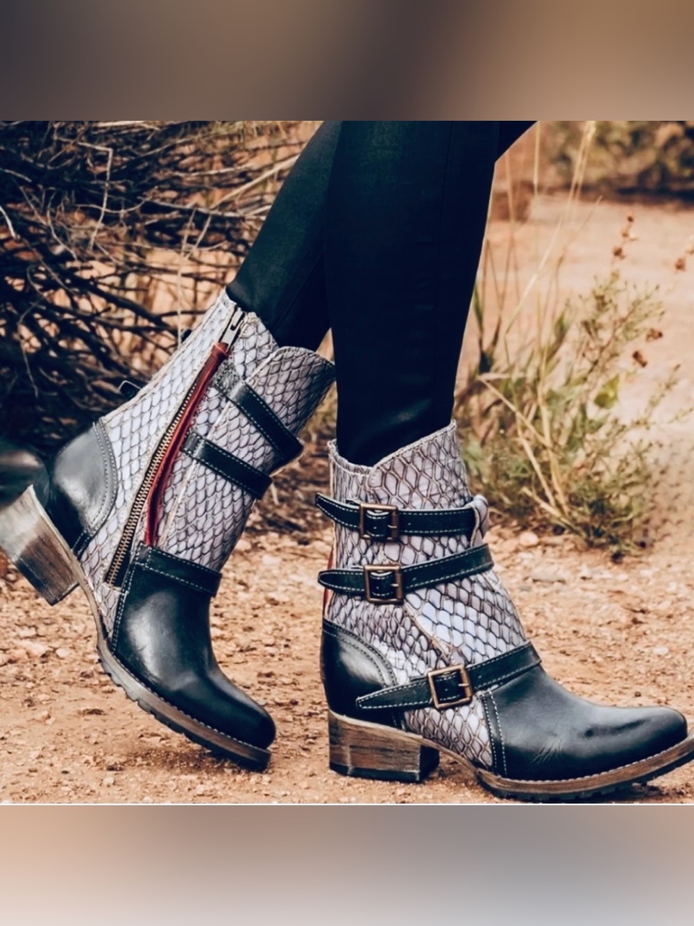 Freebird Apex Black & Blue Snake-Print Leather Buckle Ankle Boots Size 9